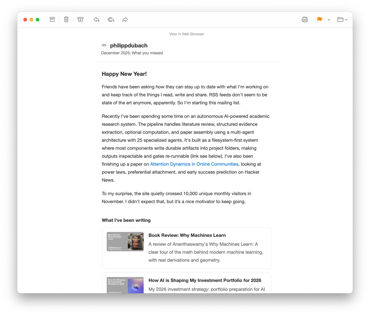 Screenshot of rendered newsletter showing article preview cards with images and descriptions
