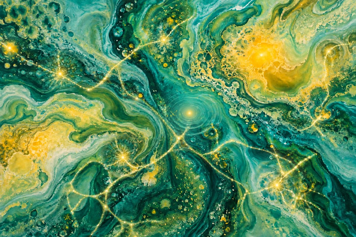 Abstract green and gold fluid forms connected by luminous neural-like pathways