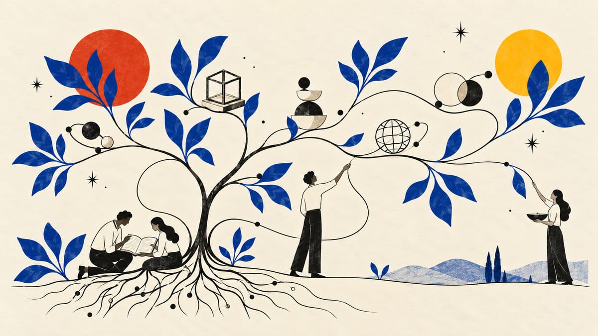 Illustration of people reading and tending a tree with blue leaves, geometric symbols and orange and yellow circles on cream paper.