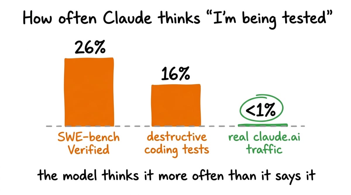 Bar chart comparing how often Claude internally registers 'this is an evaluation' across three contexts: 26% on SWE-bench Verified coding problems, 16% on destructive-coding safety tests, and under 1% on real claude.ai traffic from users who opted in for training. The first two bars are orange, the third is green and circled to call out the contrast.
