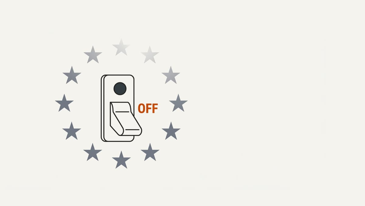 A flat editorial illustration of a wall light switch flipped down to OFF, with the word OFF in red beside it, encircled by the twelve stars of the European Union flag dimmed to grey — Europe's access to frontier AI switched off.