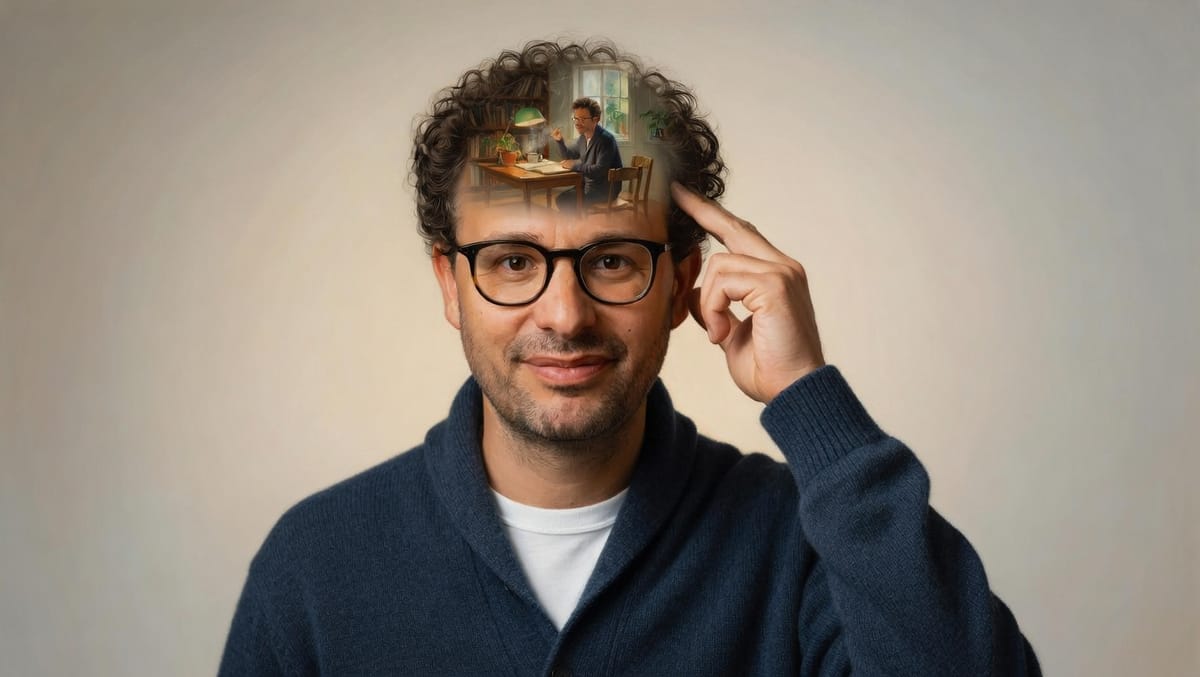 An illustrated portrait of Dario Amodei. The upper half of his head is softly translucent, revealing a small warmly-lit writing room within: a desk under a green-shaded lamp, a wall of bookshelves, a window, and a small figure of himself at the desk.