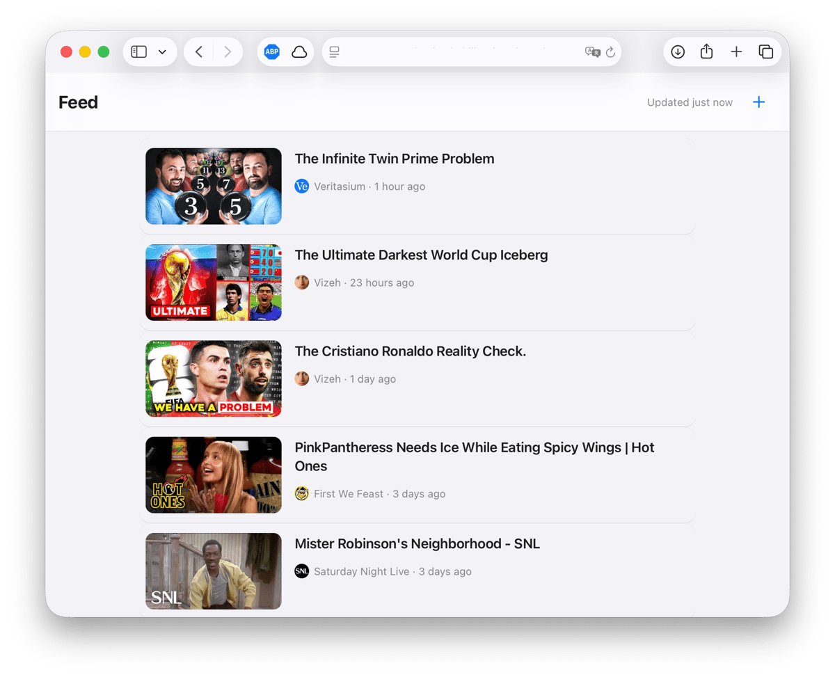 The self-hosted feed open in a desktop browser window, titled Feed with an Updated just now label and an add-channel button. A vertical list of full-size video thumbnails from subscribed channels, each with its title, channel avatar circle, channel name, and a relative timestamp: Veritasium, Vizeh, First We Feast, and Saturday Night Live, newest first, with no comments, recommendations, or Shorts