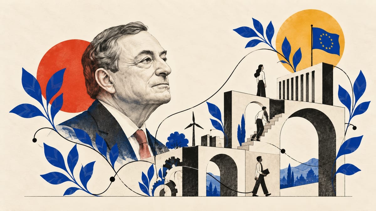 Illustration of Mario Draghi beside European architecture, people, a wind turbine and an EU flag.