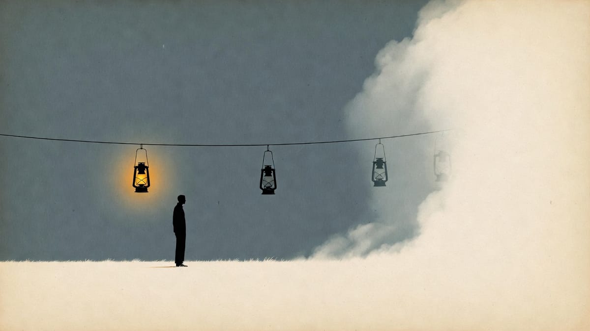 Editorial illustration: a charcoal silhouette of a figure stands at the edge of a fog bank looking at three lanterns hung on a wire, the leftmost burning warm ochre, the middle dim, the rightmost unlit and barely visible in the fog — encoding risk, uncertainty, and ignorance