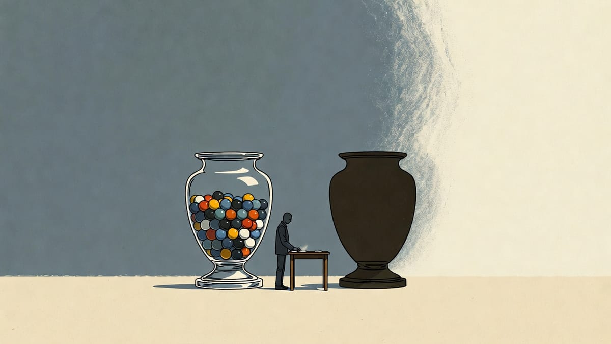 Editorial illustration: a small figure at a table flanked by two large urns — a transparent glass urn full of mixed coloured marbles on the left, and an opaque dark ceramic urn on the right disappearing into a fog bank, visualizing Ellsberg's paradox of known versus unknown odds