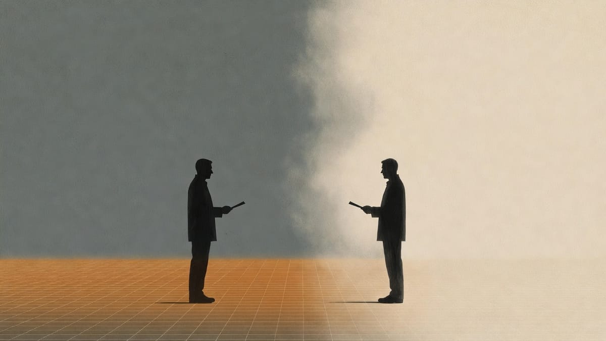 Editorial illustration: two mirror-image charcoal-silhouette figures face each other across a fog-filled gap, each holding a partial document, standing on an ochre-tinted grid floor that suggests an information matrix where neither side knows more than the other