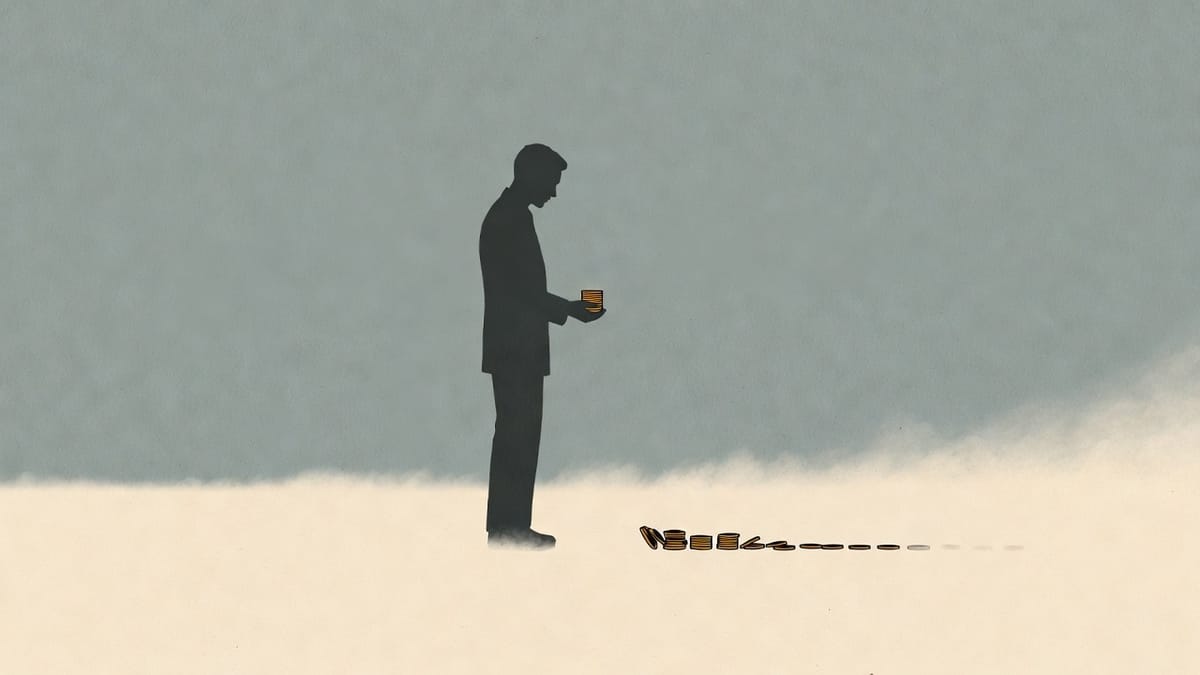 Editorial illustration: a single charcoal-silhouette figure stands at the edge of a fog bank holding a small stack of warm-ochre coins, with a few coins already pushed forward into the mist trailing into the fog, visualizing the Kelly Criterion as a sizing problem under uncertainty