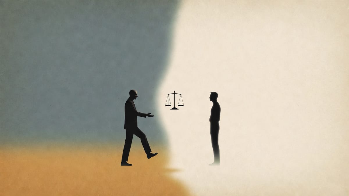 Editorial illustration: two charcoal-silhouette figures facing each other across a small balance scale, the left figure stepping forward into the fog with hand outstretched while the right figure stands still on a darker side, visualizing the moral asymmetry of profiting from others' constraints