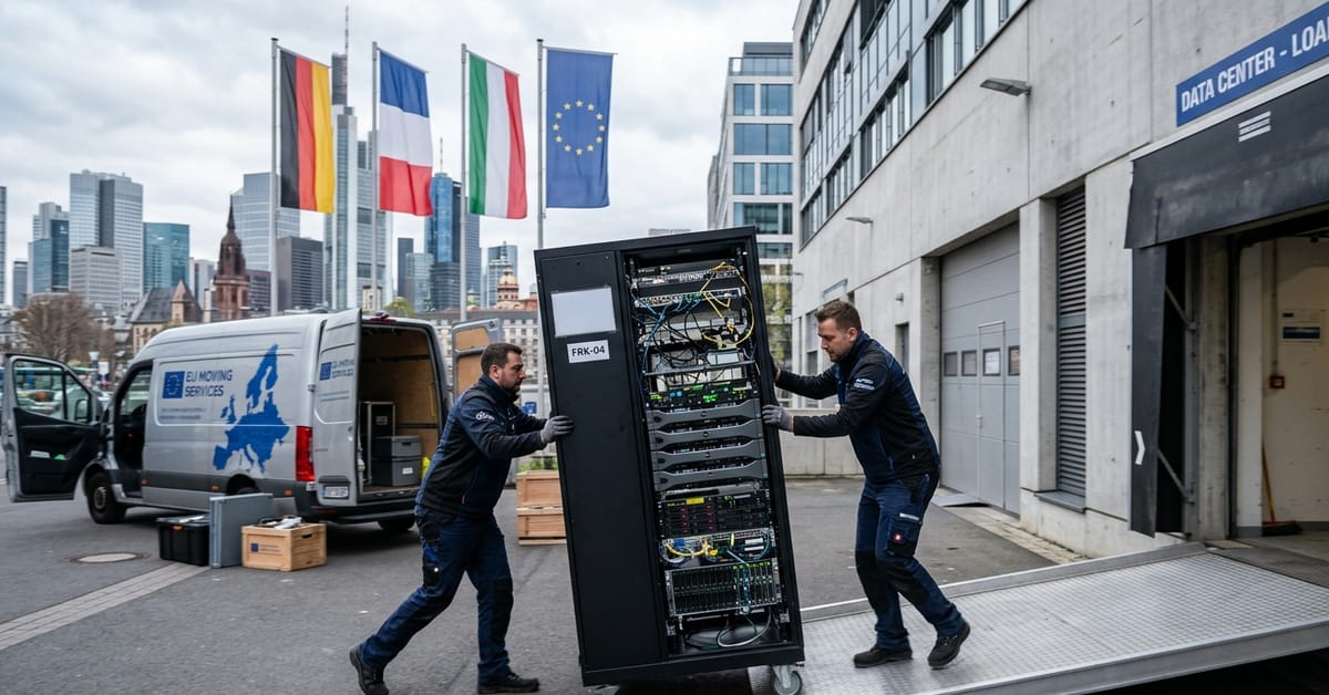 Two technicians in workwear pushing a black server rack on wheels from a van labeled Data Center toward a building entrance, with EU member-state flags raised above the entry