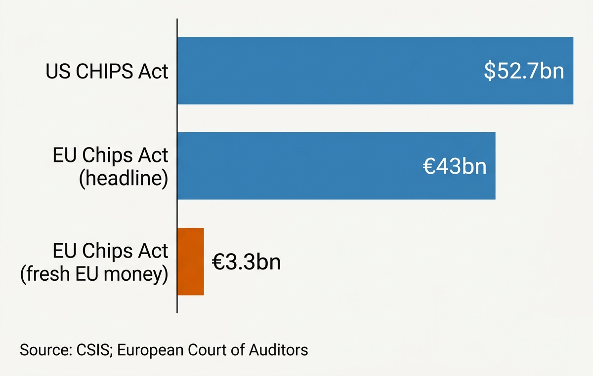 Bar chart, 'Europe's chip answer is mostly headline.' The US CHIPS Act is $52.7bn; the EU Chips Act is a €43bn headline, of which only €3.3bn is fresh EU money.
