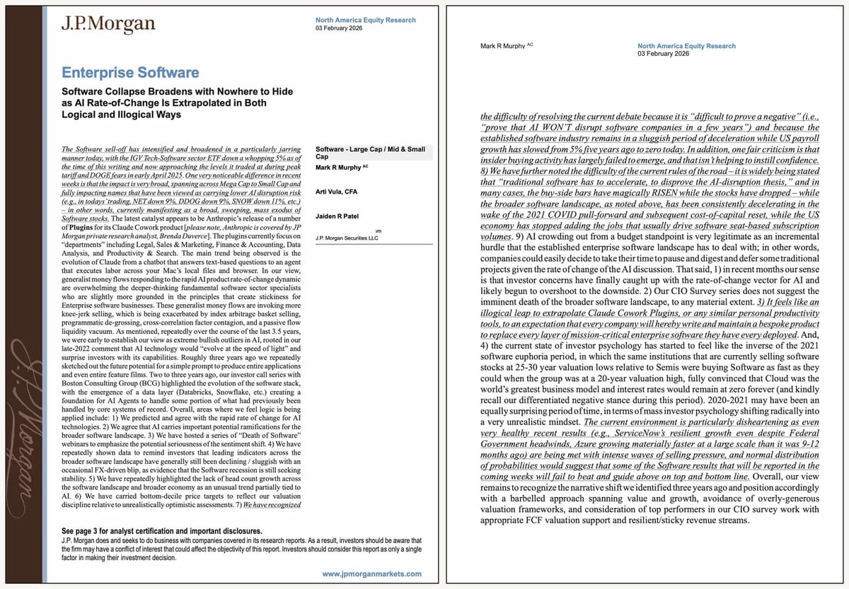 JP Morgan research note on the February 2026 software sell-off by Mark R Murphy titled Software Collapse Broadens with Nowhere to Hide, questioning the leap from Claude Cowork Plugins to full enterprise software disruption