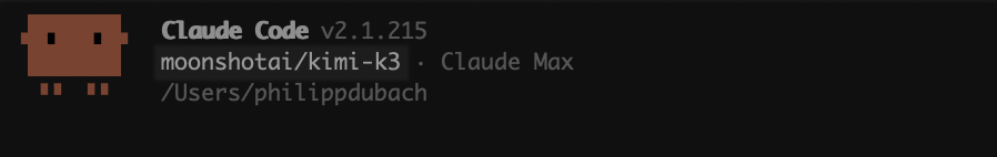 Claude Code configured to use Moonshot AI's Kimi K3 through OpenRouter.