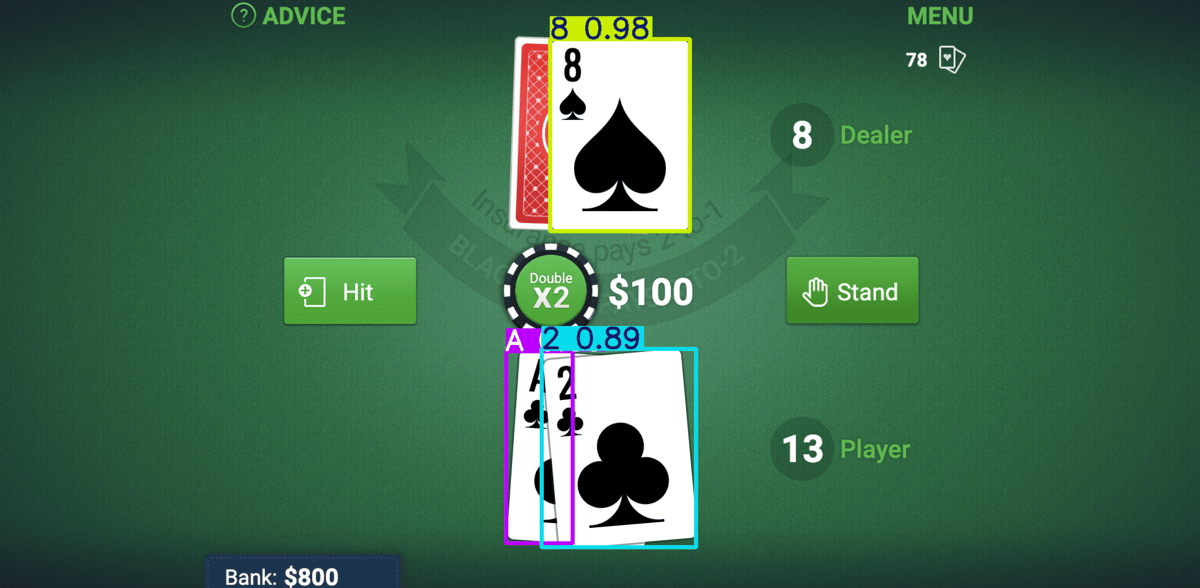 Real-time blackjack card detection and odds calculation