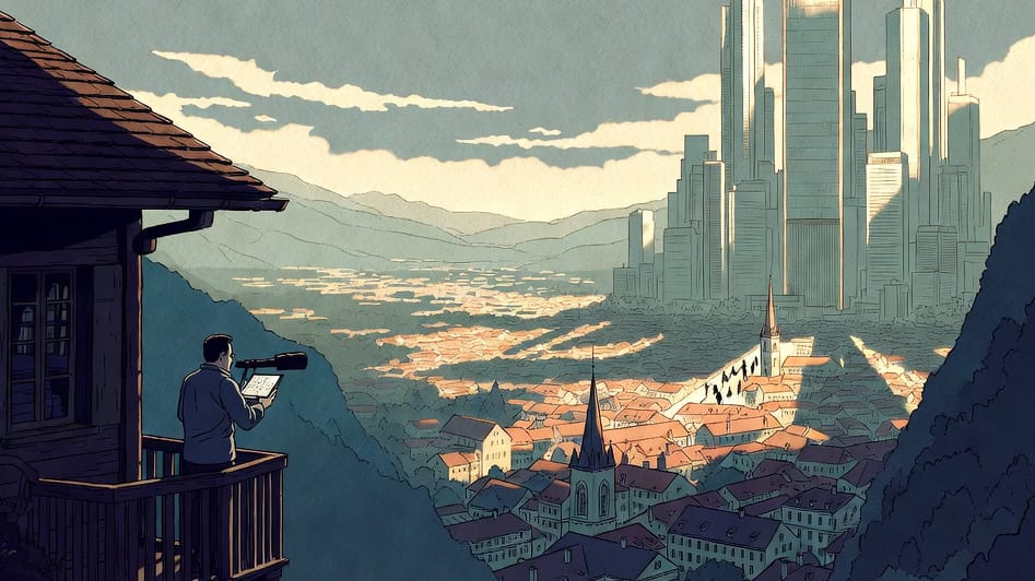 Editorial cover illustration for the 2026 midyear portfolio review: a figure on a Swiss alpine balcony looking across a valley at a stylized financial skyline dominated by one disproportionately tall tower