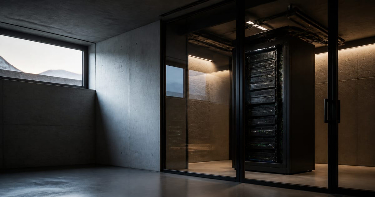 A secure local AI server room in a Swiss alpine building. One black server rack stands behind glass beside a window with mountain light.