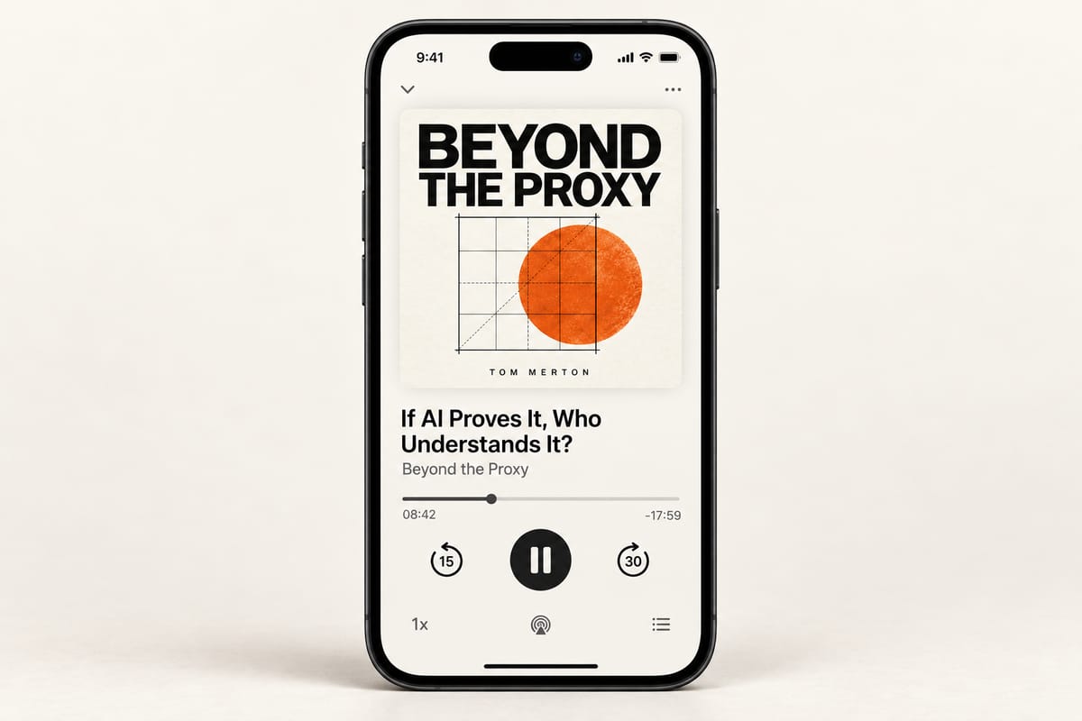 iPhone mockup playing Beyond the Proxy, a personal AI podcast made from saved reading, with its black and orange cover.