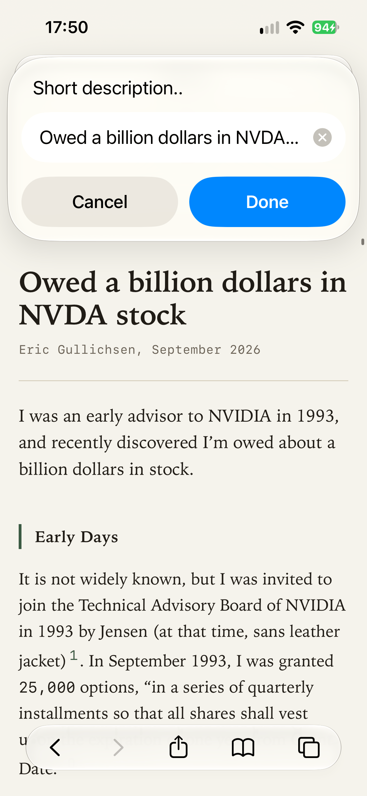 An iOS Shortcut asks for a short description before saving an article from Safari to my public reading list.