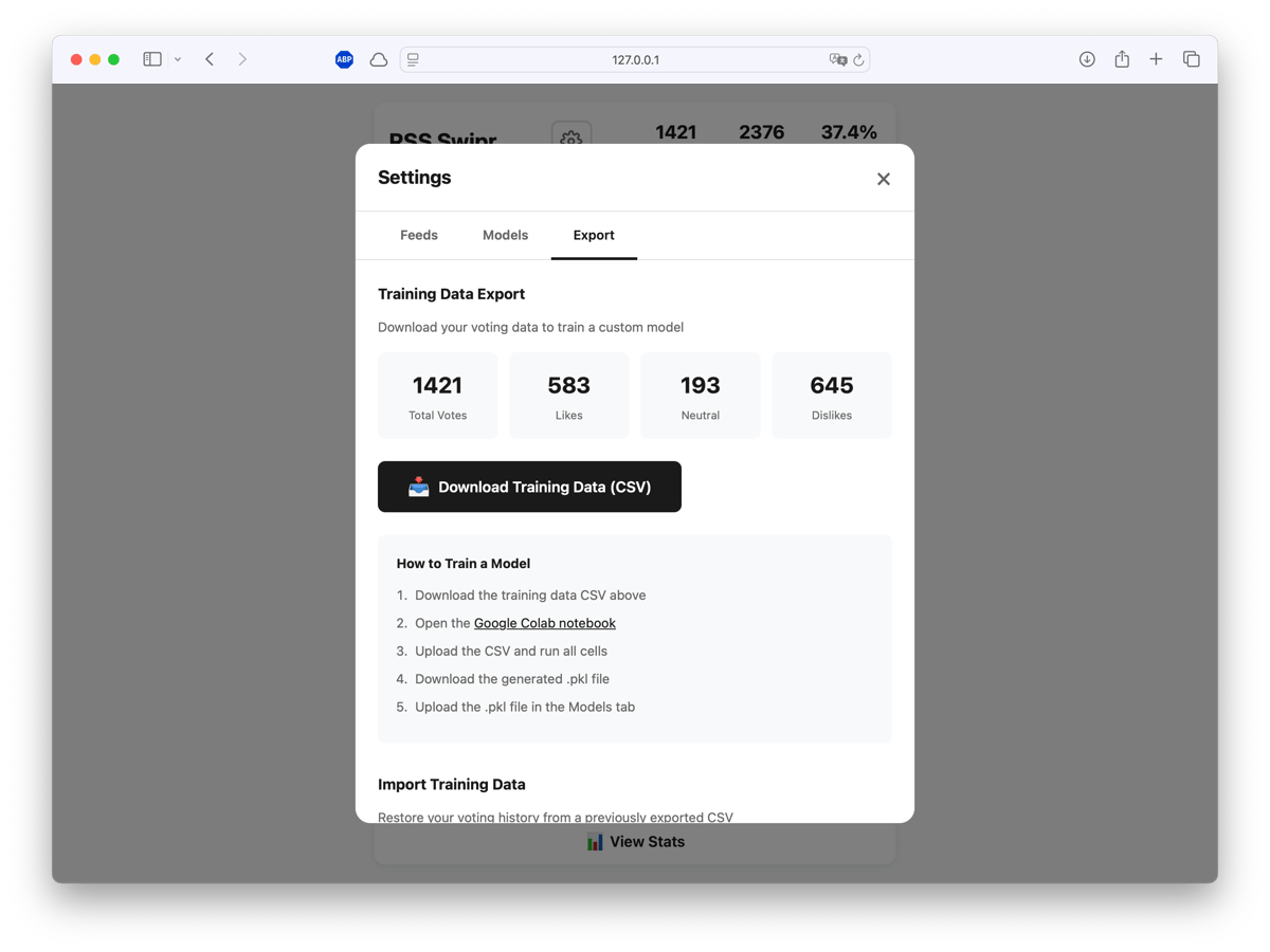 Export interface showing 1421 votes with breakdown: 583 likes, 193 neutral, 645 dislikes