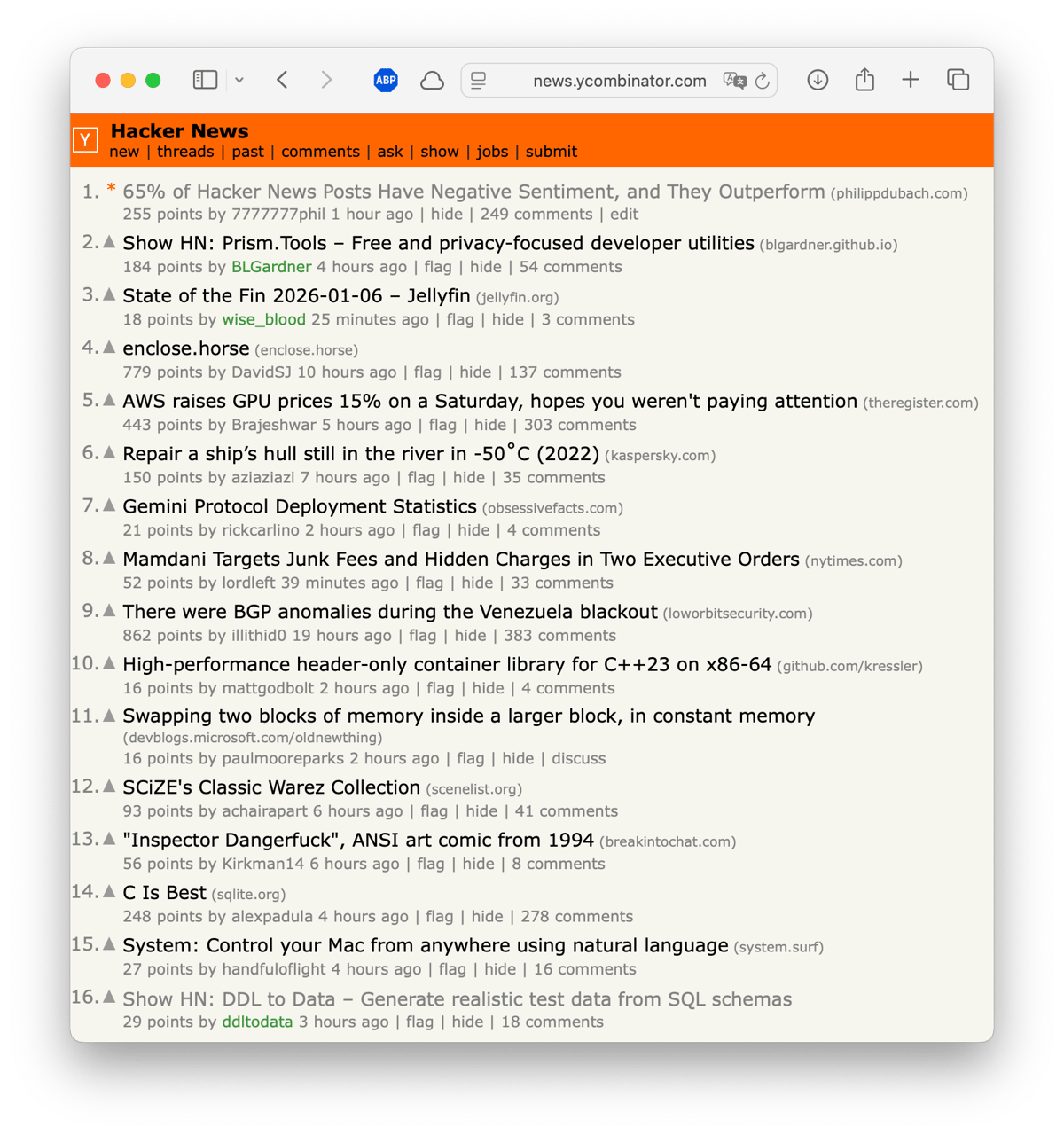 Hacker News Frontpage