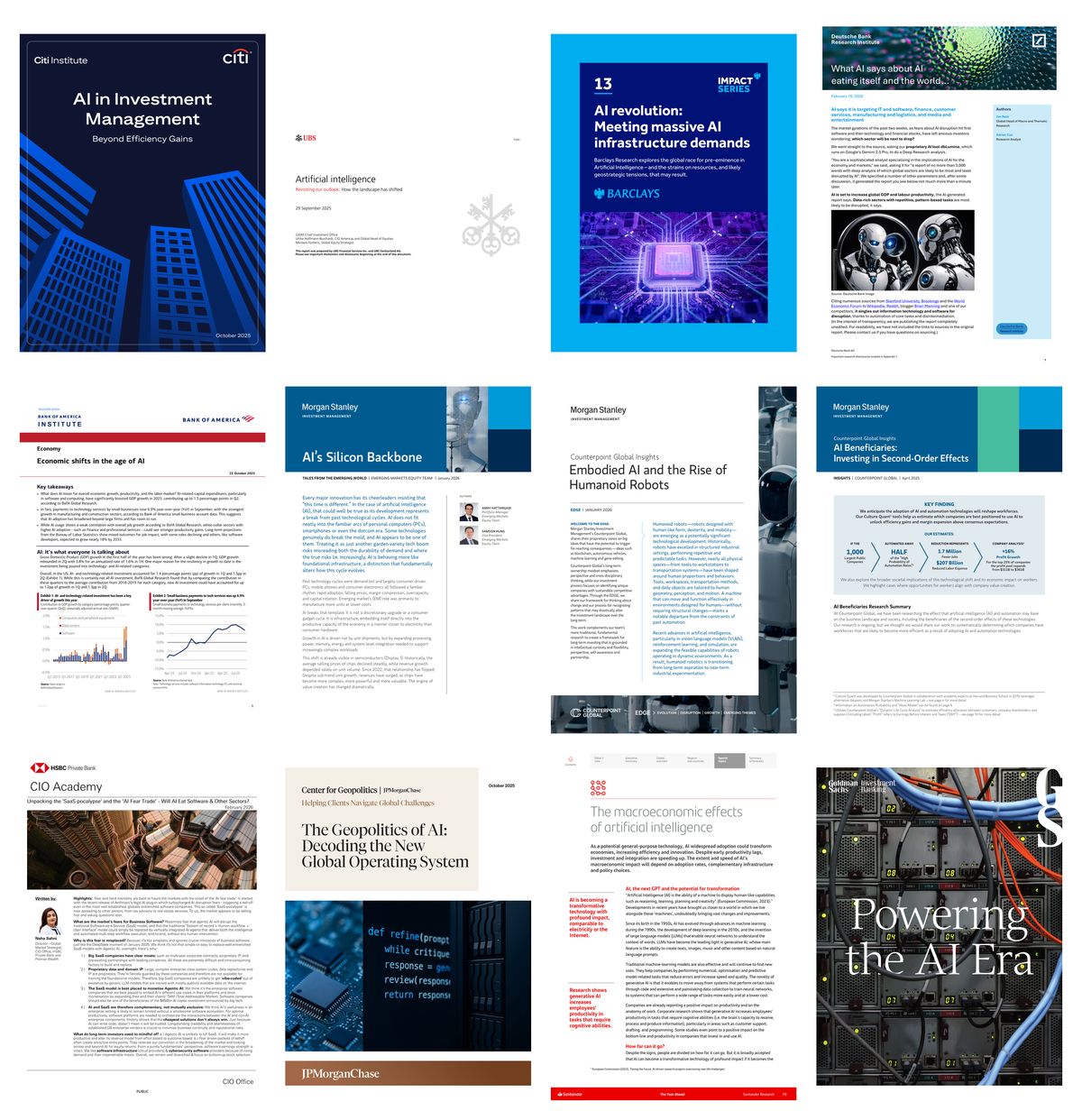 Cover pages of 12 AI research reports from Goldman Sachs, JPMorgan, Morgan Stanley, UBS, Barclays, Bank of America, HSBC, Citi, Deutsche Bank, and Santander.