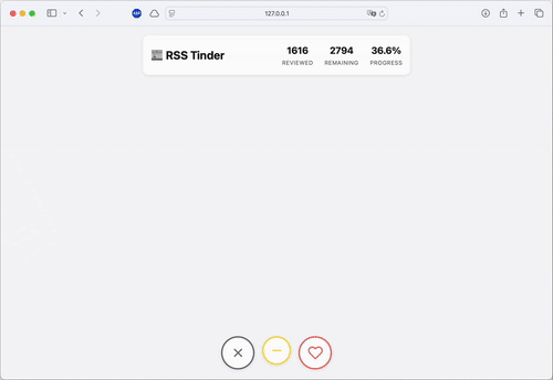 GIF with interactive demo of the RSS Tinder App