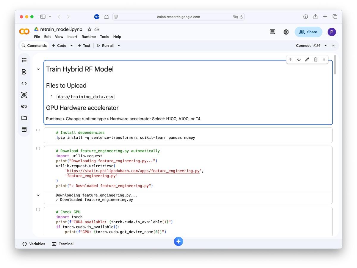 Google Colab notebook showing model training setup with GPU configuration