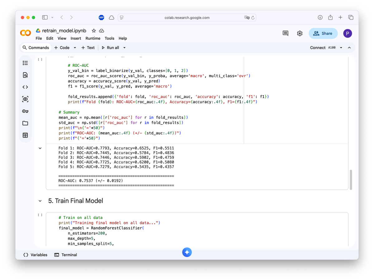 Training results showing ROC-AUC of 0.7537 across 5-fold cross-validation