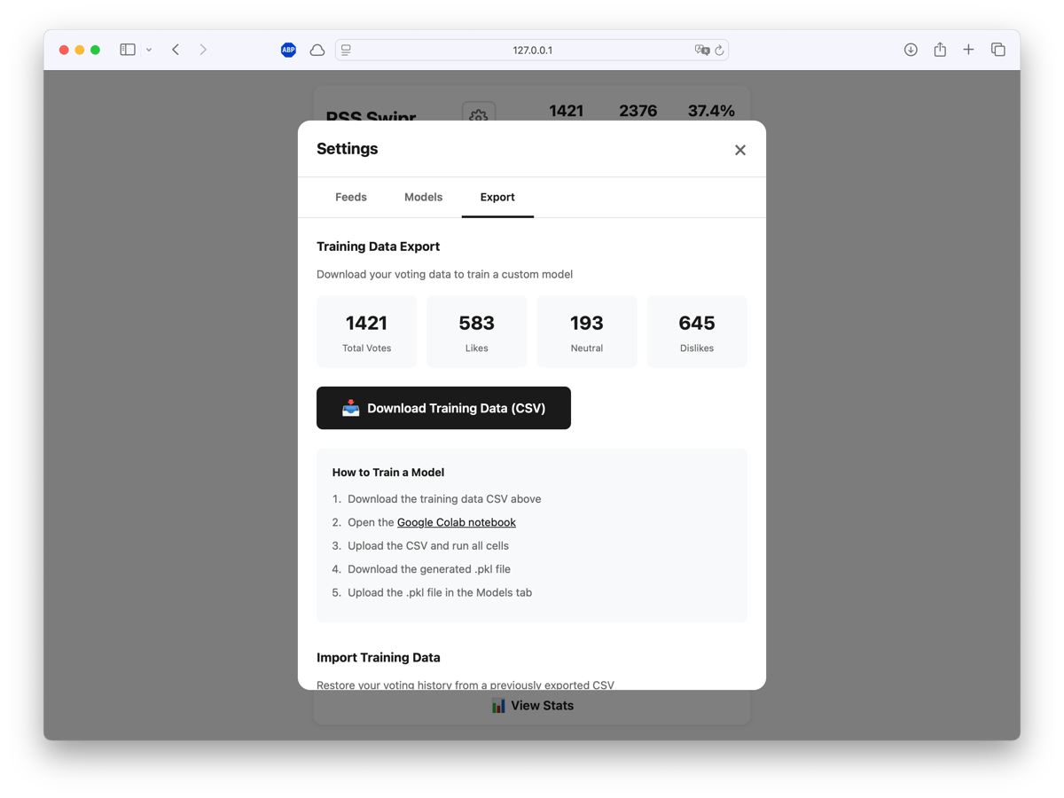 Export interface showing 1421 votes with breakdown: 583 likes, 193 neutral, 645 dislikes