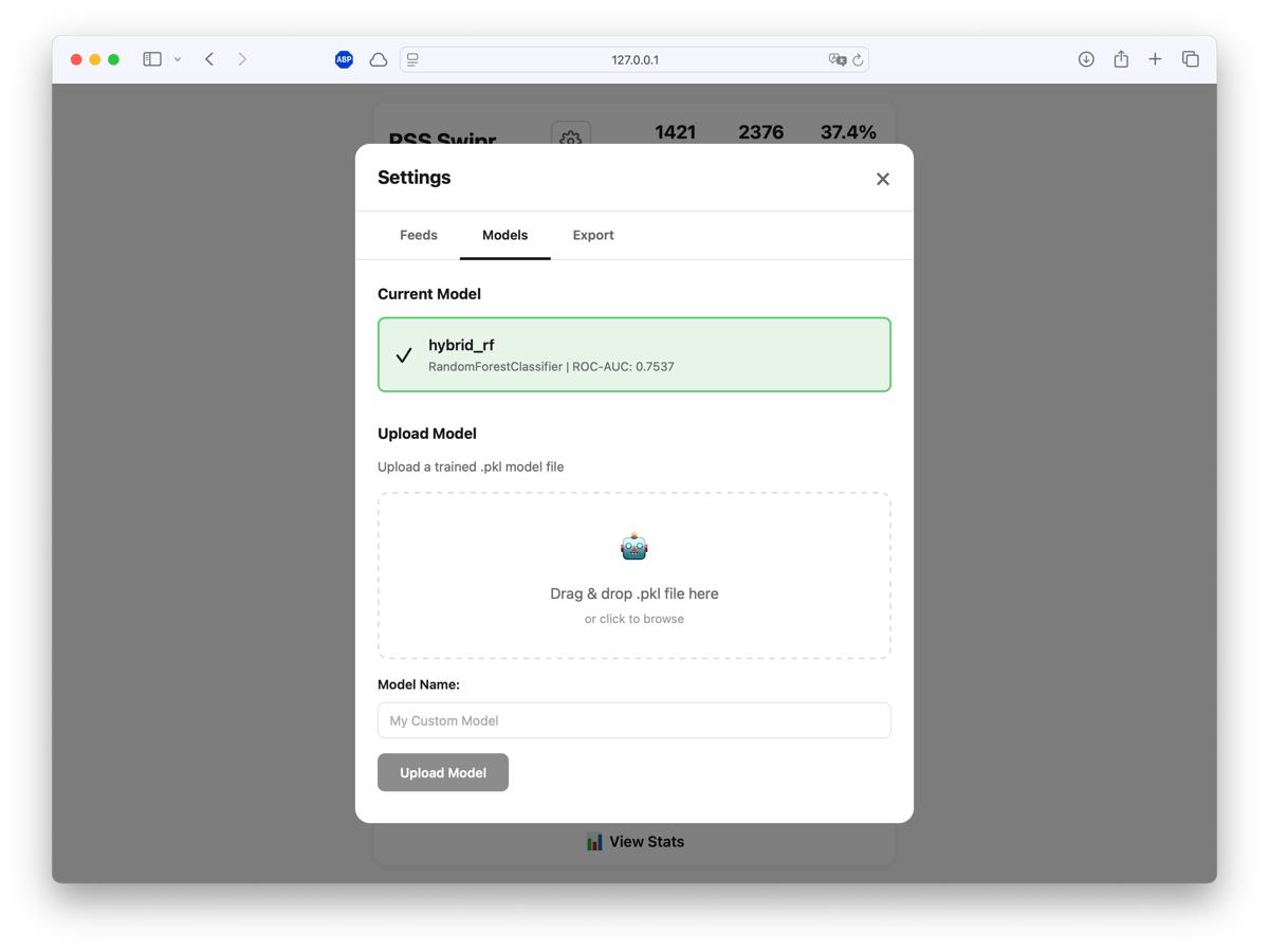 Model management interface showing active hybrid_rf model with ROC-AUC 0.7537