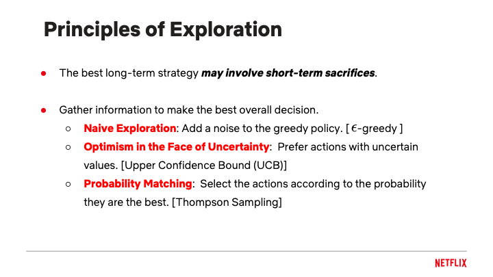 Principles of Exploration: Naive Exploration (ε-greedy), Optimism in the Face of Uncertainty (UCB), and Probability Matching (Thompson Sampling)