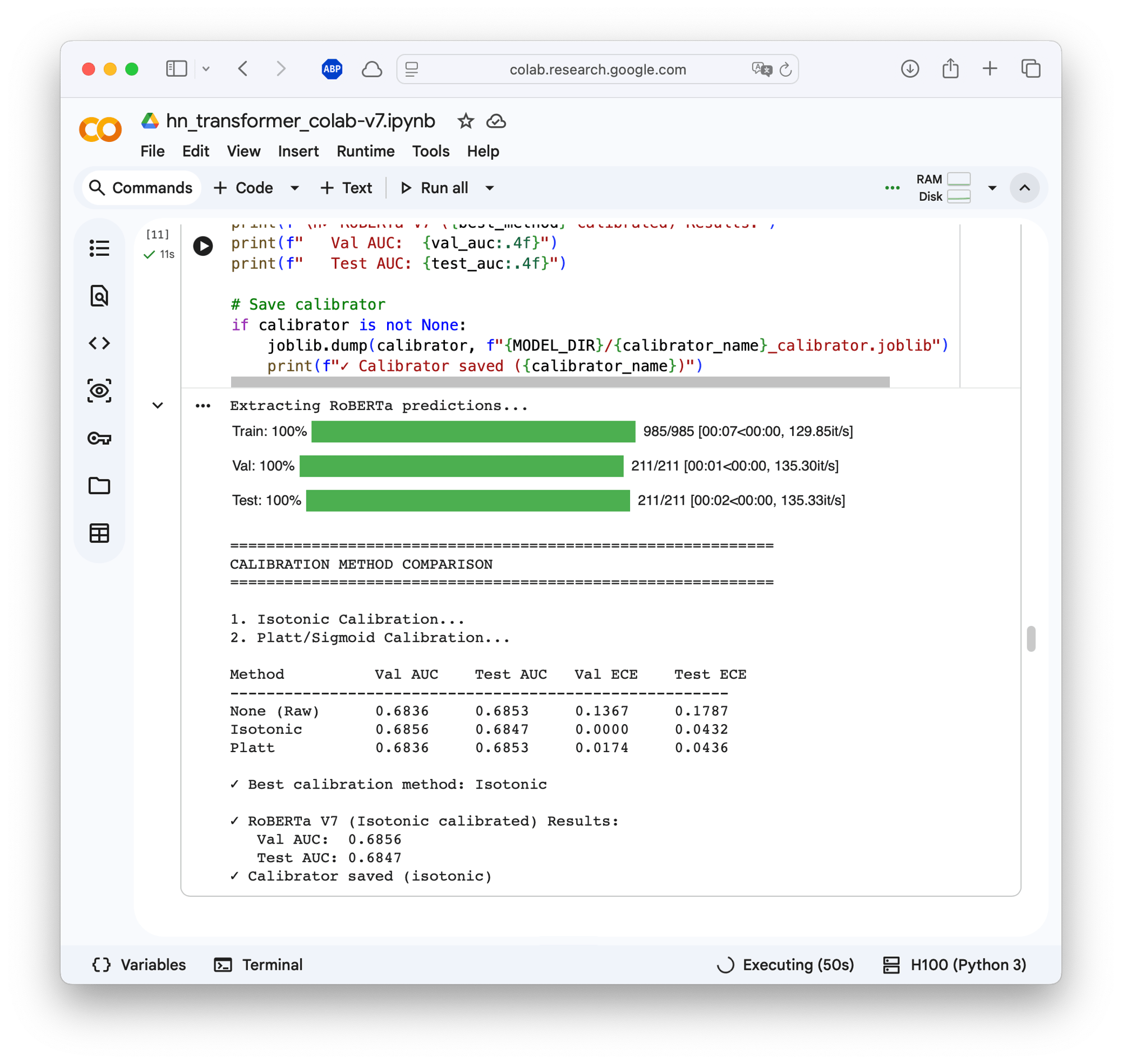 Colab notebook showing H100 training at 130 it/s