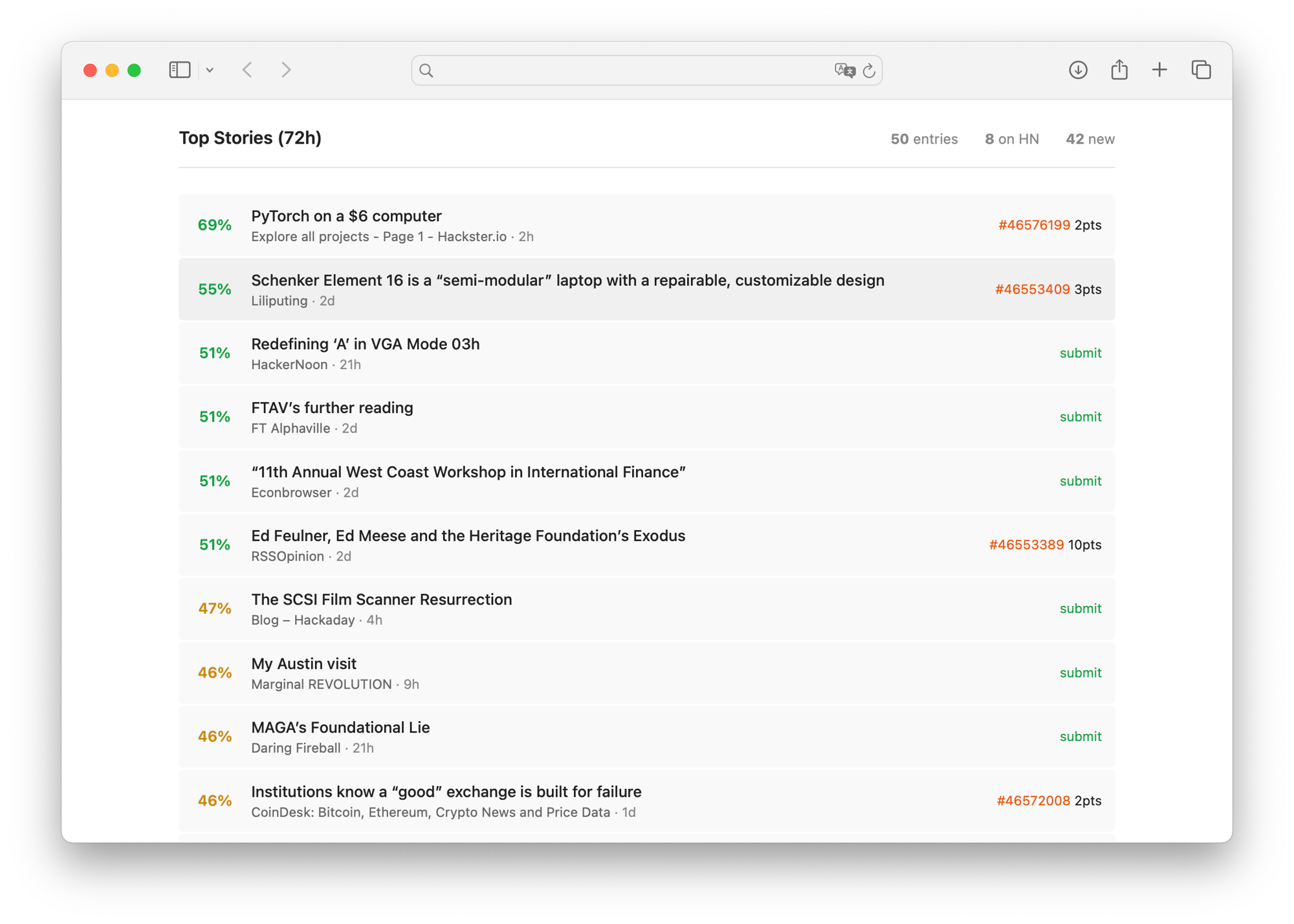 RSS reader dashboard showing HN prediction scores