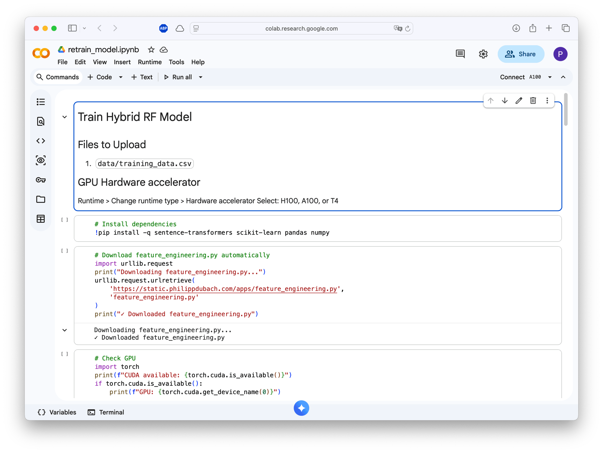 Google Colab notebook showing model training setup with GPU configuration