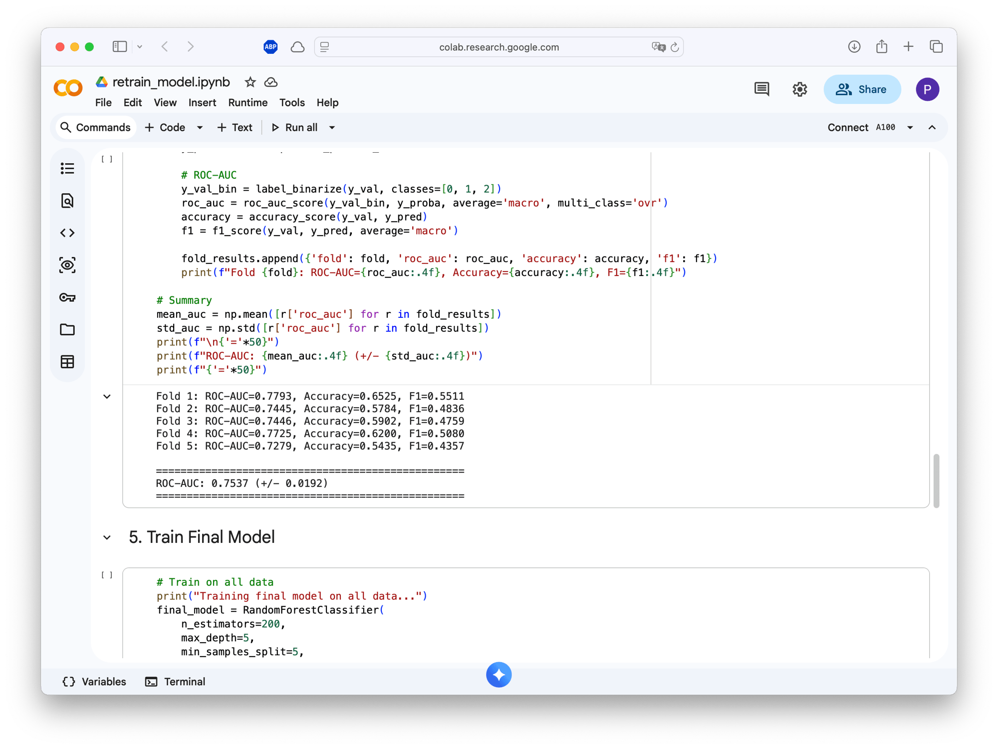 Training results showing ROC-AUC of 0.7537 across 5-fold cross-validation