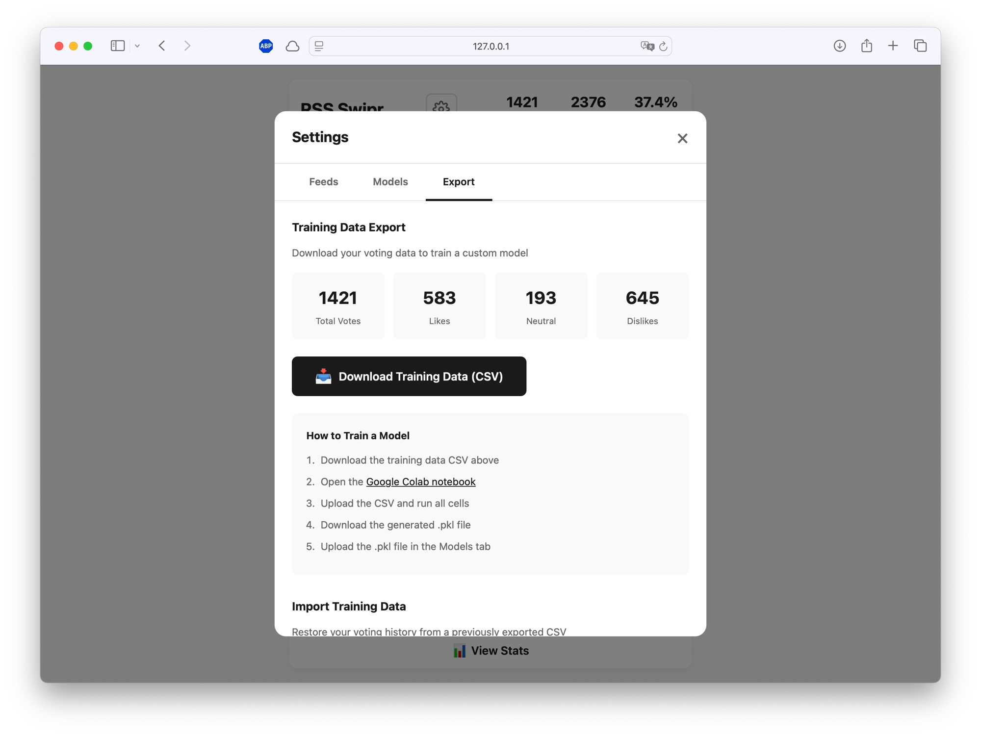 Export interface showing 1421 votes with breakdown: 583 likes, 193 neutral, 645 dislikes