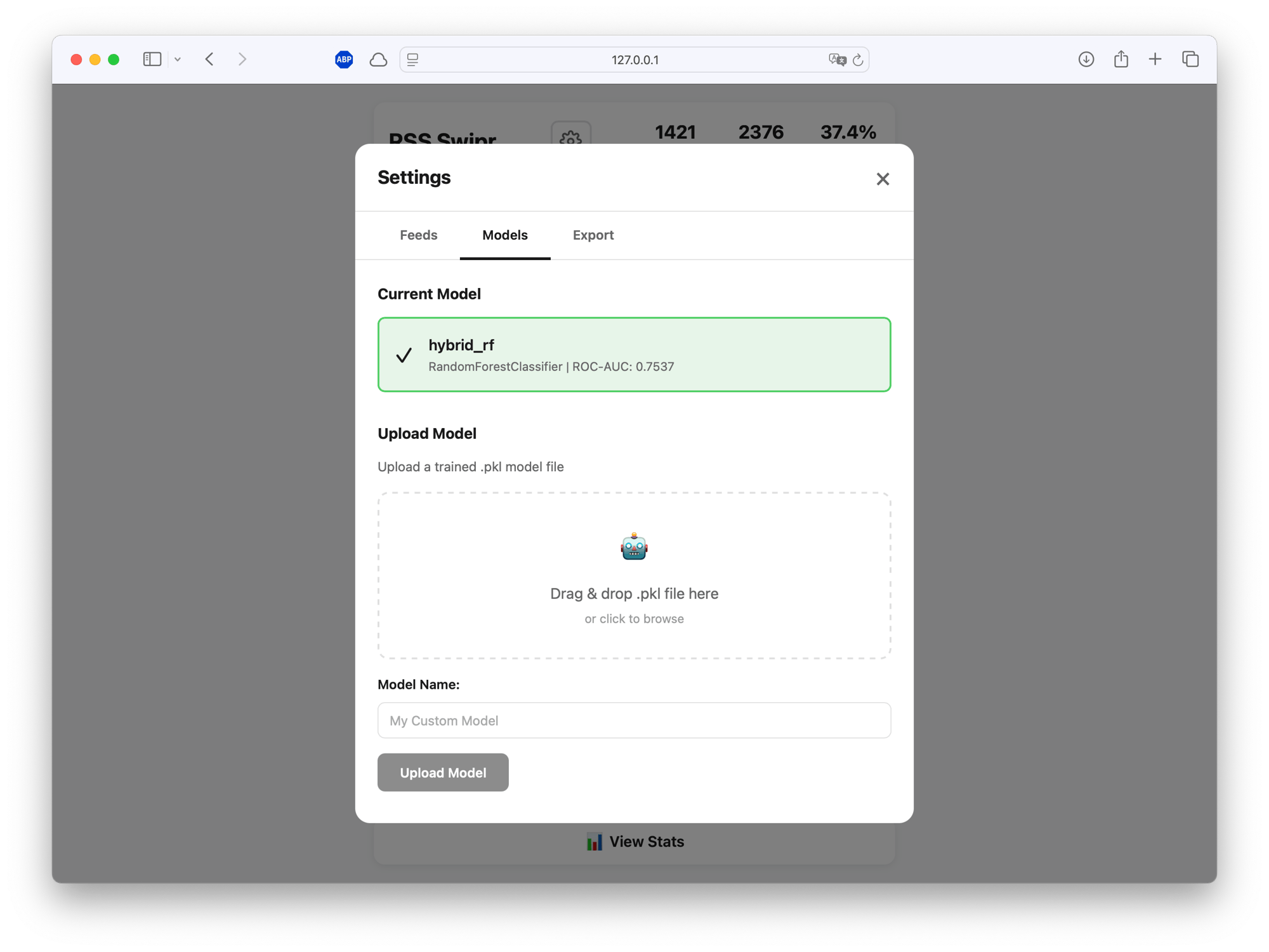 Model management interface showing active hybrid_rf model with ROC-AUC 0.7537