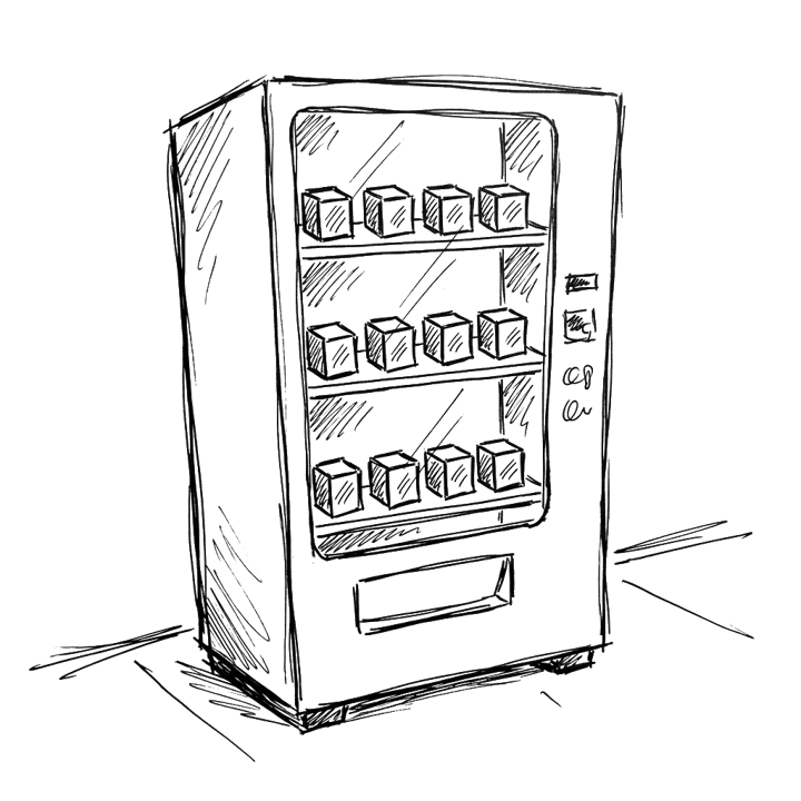 A glass-fronted vending machine stocked with rows of small heavy cubes.
